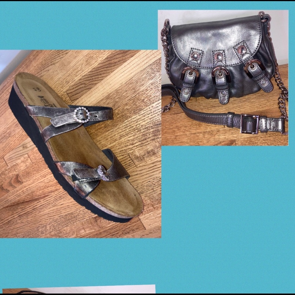Naot Sandals 10 leather rhinestone 41 gold pewter